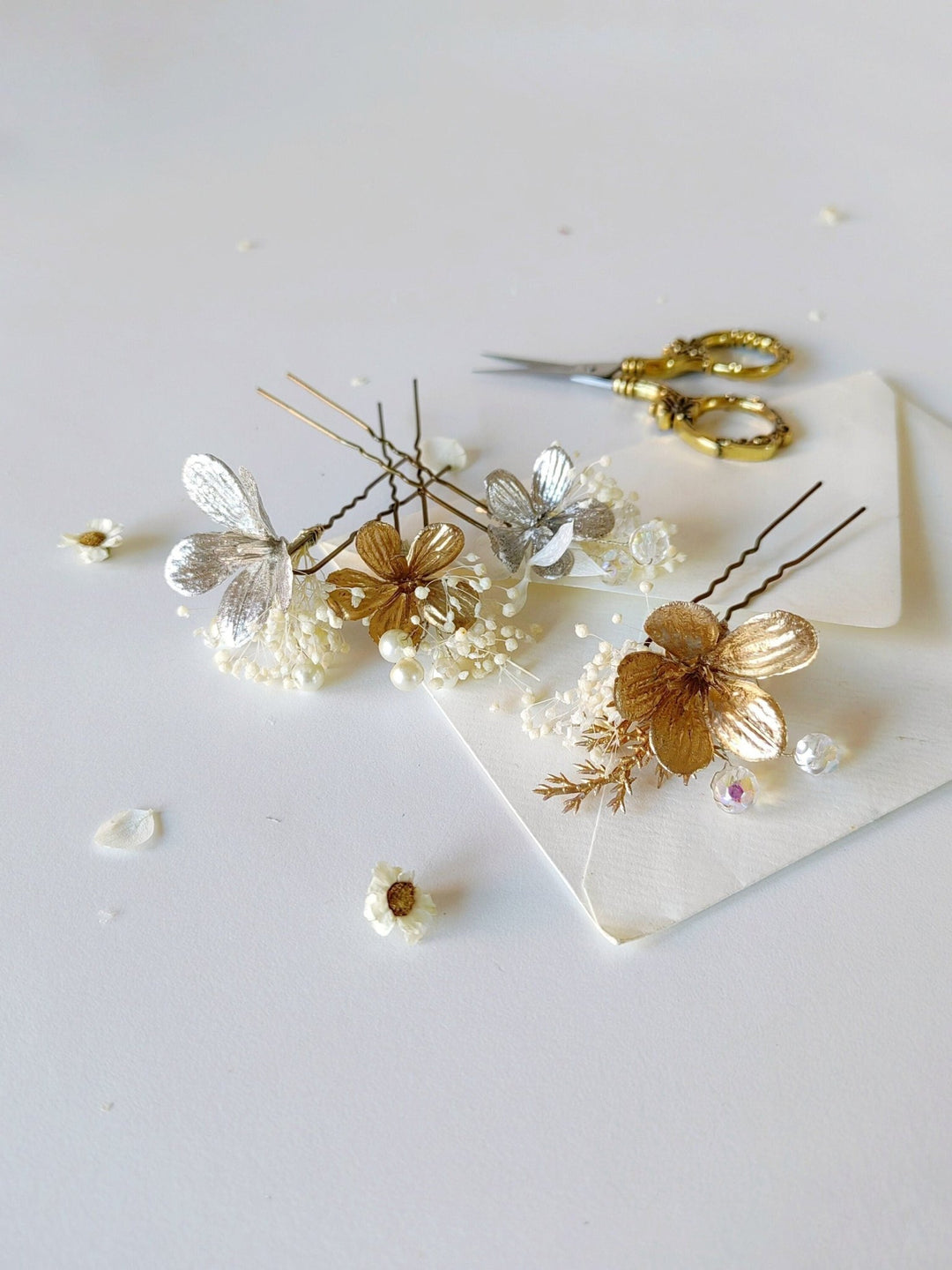 Gold & Silver Floral Hair Pins: Glam Wedding Hair Accessory – handmade floral hair accessory by magaela