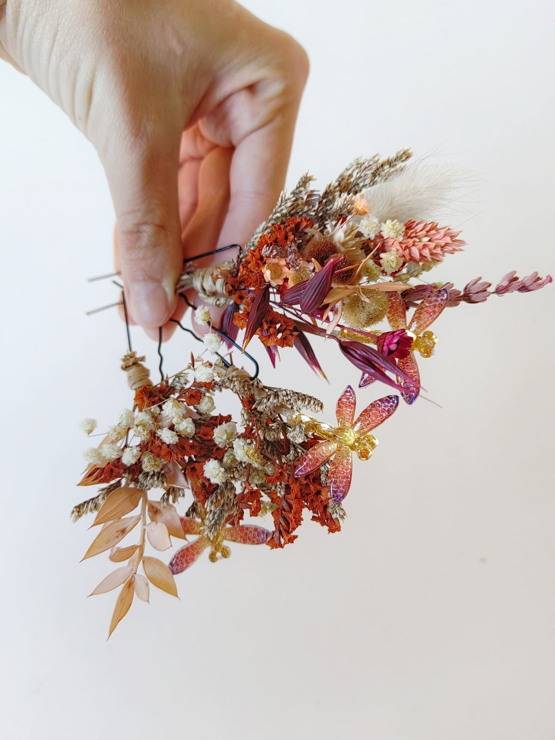 Terracotta Flower Hairpins: Bee & Gold Glam Boho Wedding Headpiece – handmade floral hair accessory by magaela