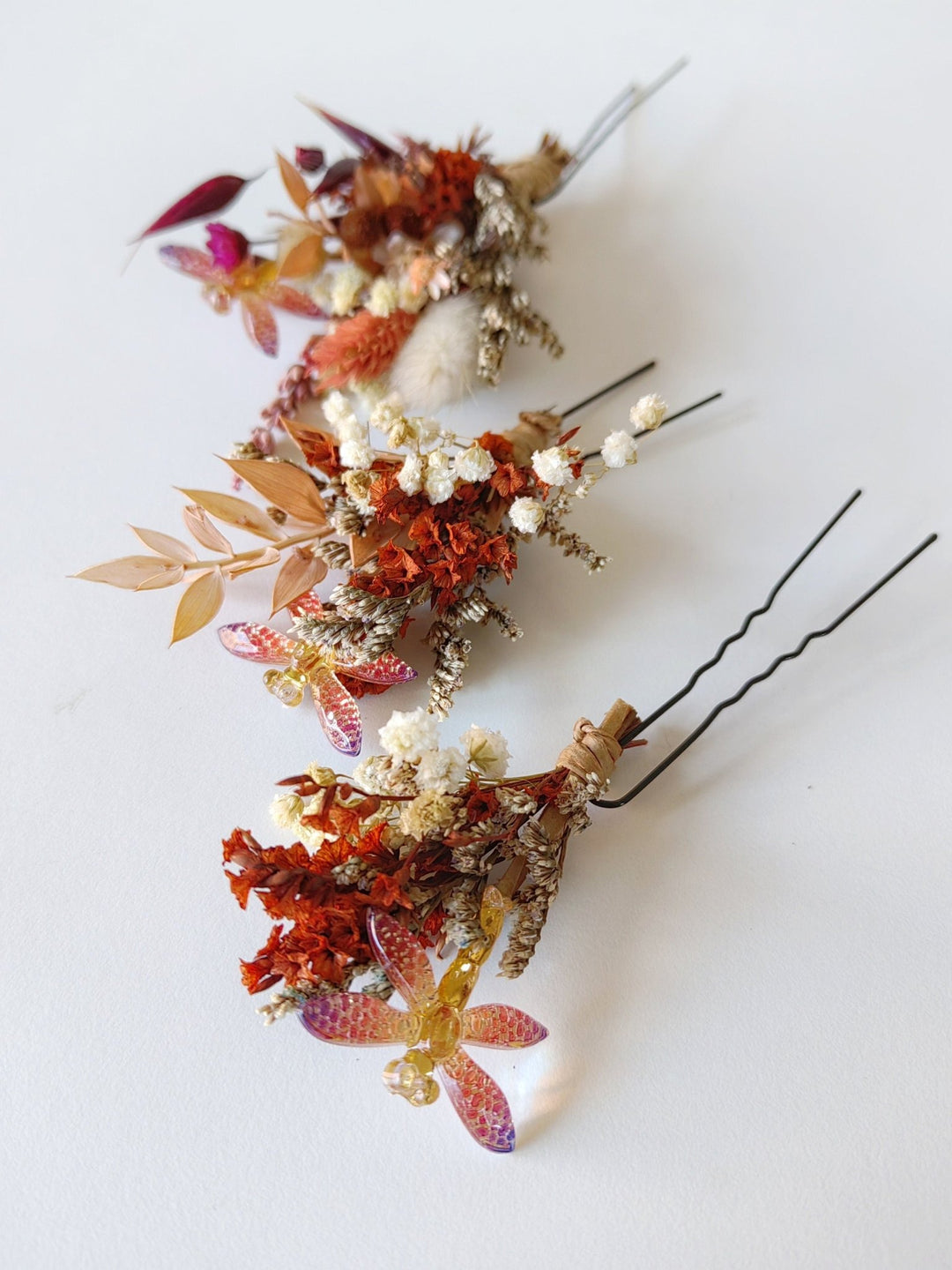 Terracotta Flower Hairpins: Bee & Gold Glam Boho Wedding Headpiece – handmade floral hair accessory by magaela