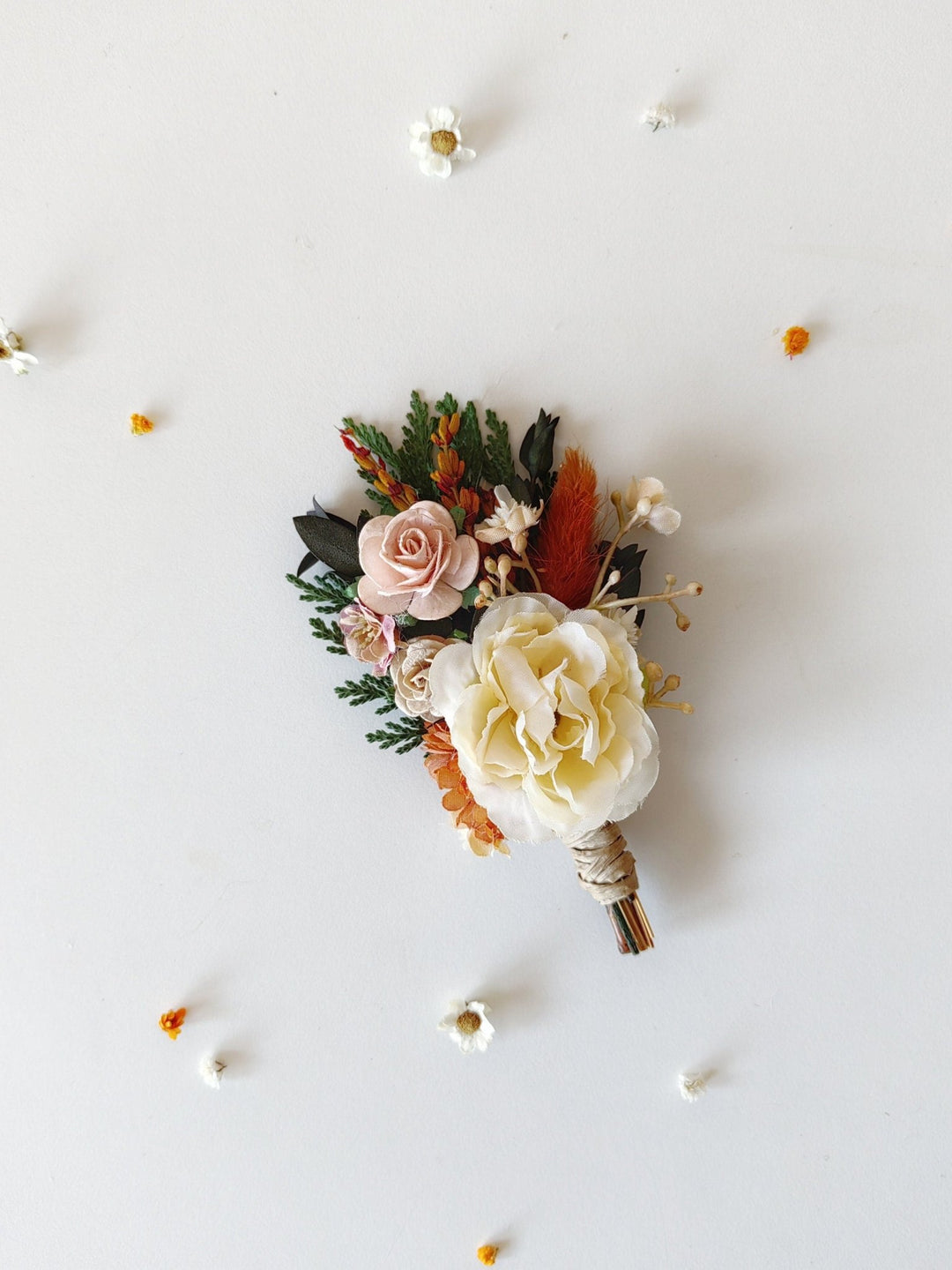 Autumn Wedding Boutonniere: Burnt Orange & Ivory, Terracotta Groomsmen Lapel – handmade floral hair accessory by magaela