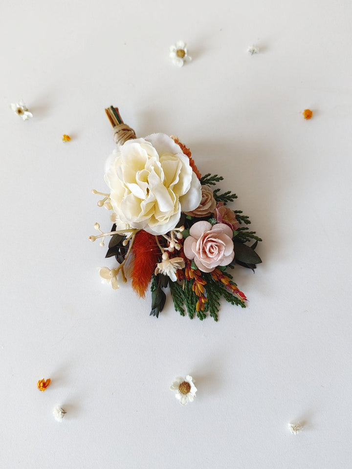 Autumn Wedding Boutonniere: Burnt Orange & Ivory, Terracotta Groomsmen Lapel – handmade floral hair accessory by magaela