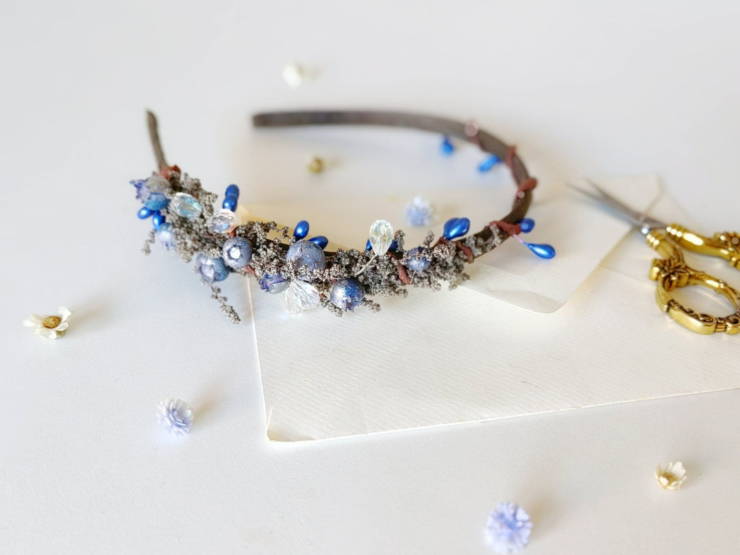 Winter Blueberry Headband, Bridal Headdress, Flower Girl Crown – handmade floral hair accessory by magaela