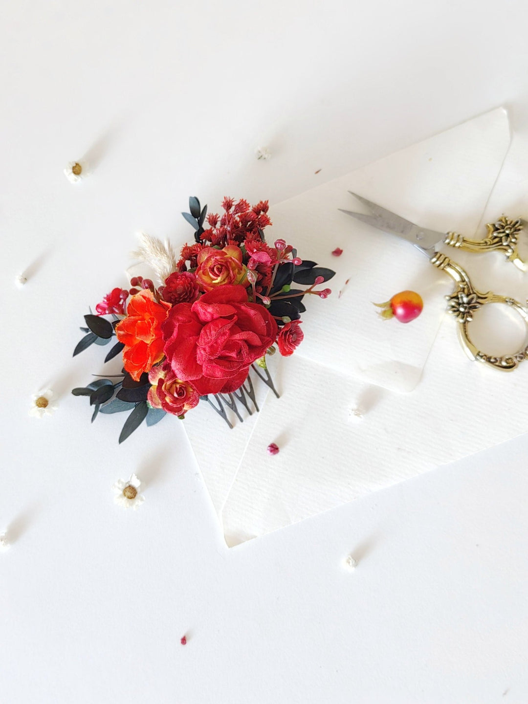 Red Floral Hair Comb: Autumn Wedding Bridal Accessory – handmade floral hair accessory by magaela