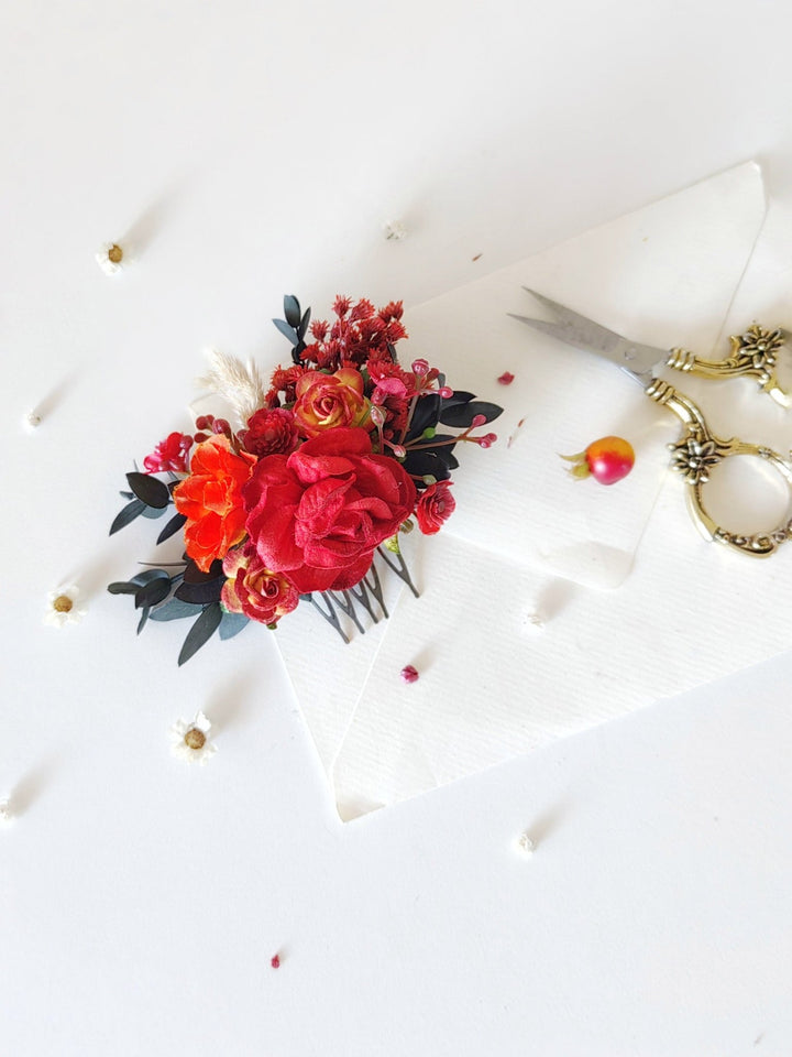 Red Floral Hair Comb: Autumn Wedding Bridal Accessory – handmade floral hair accessory by magaela