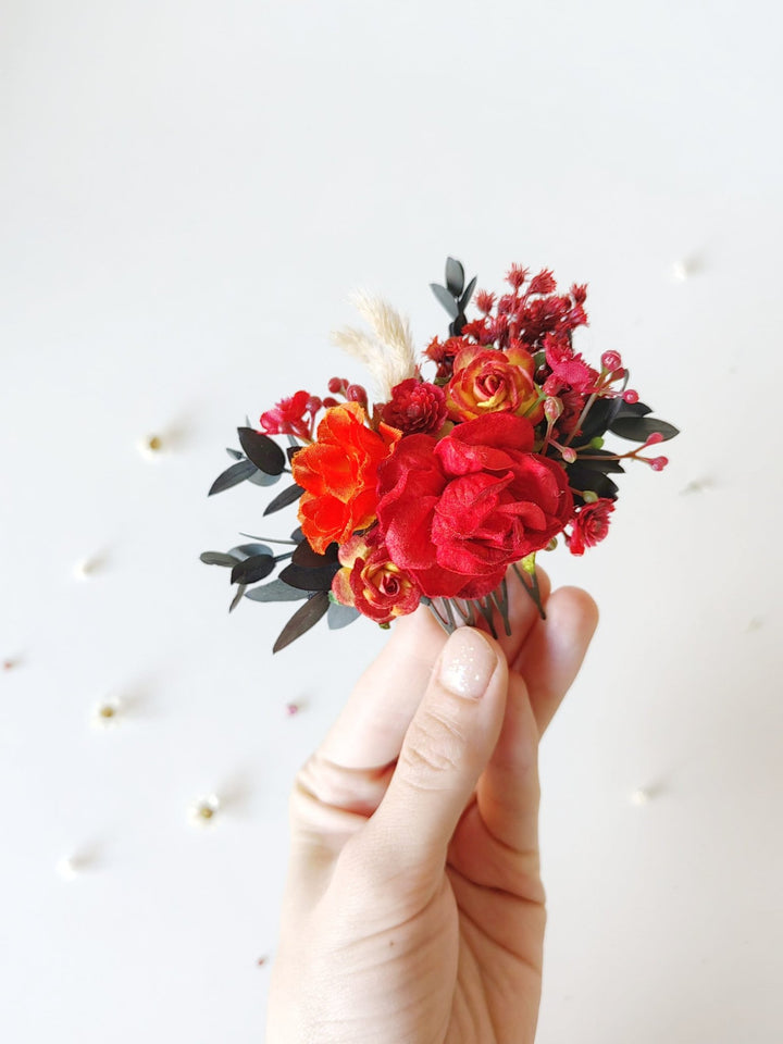 Red Floral Hair Comb: Autumn Wedding Bridal Accessory – handmade floral hair accessory by magaela