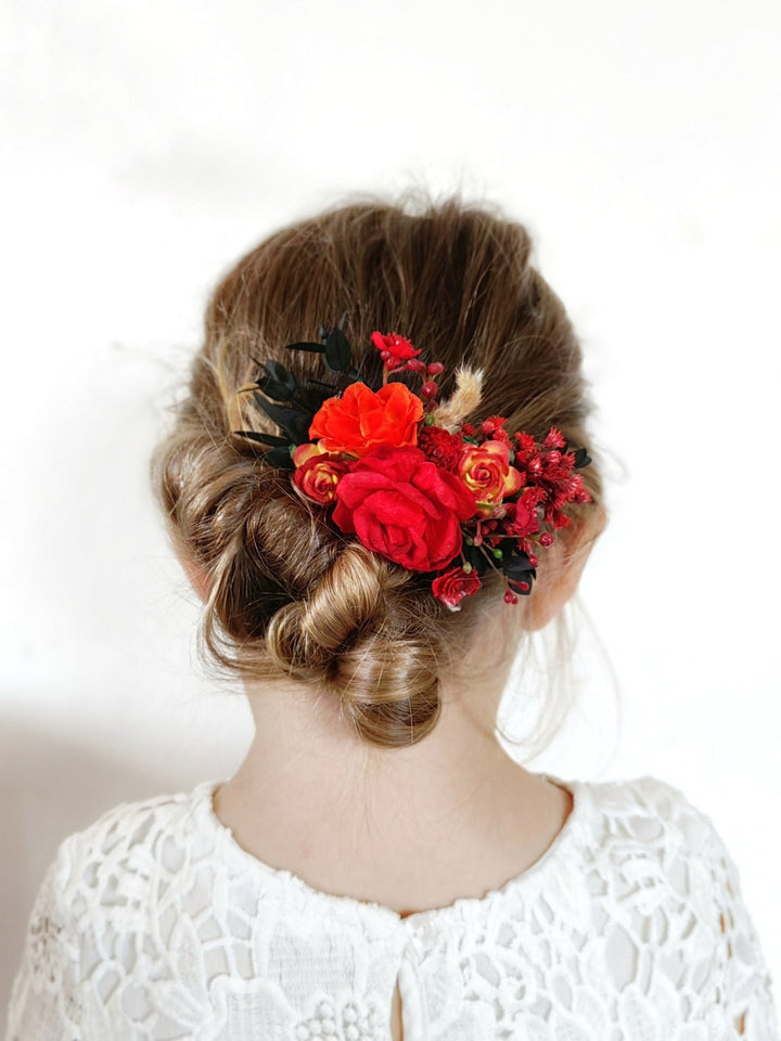 Red Floral Hair Comb: Autumn Wedding Bridal Accessory – handmade floral hair accessory by magaela