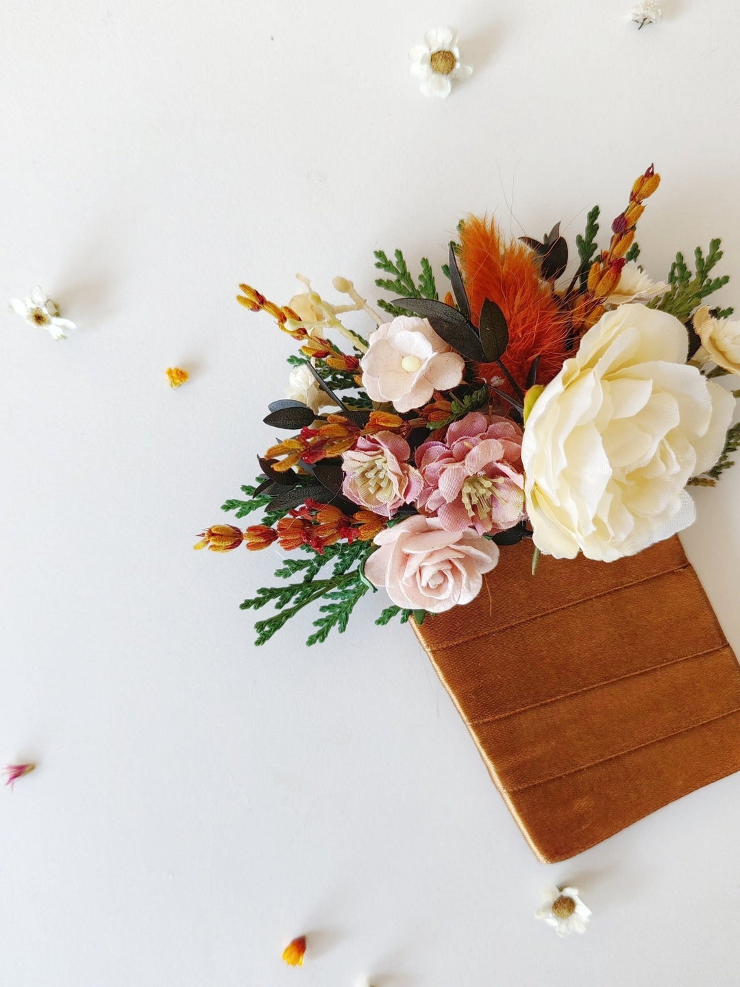 Terracotta Pocket Corsage: Autumn Wedding Groom Accessory – handmade floral hair accessory by magaela