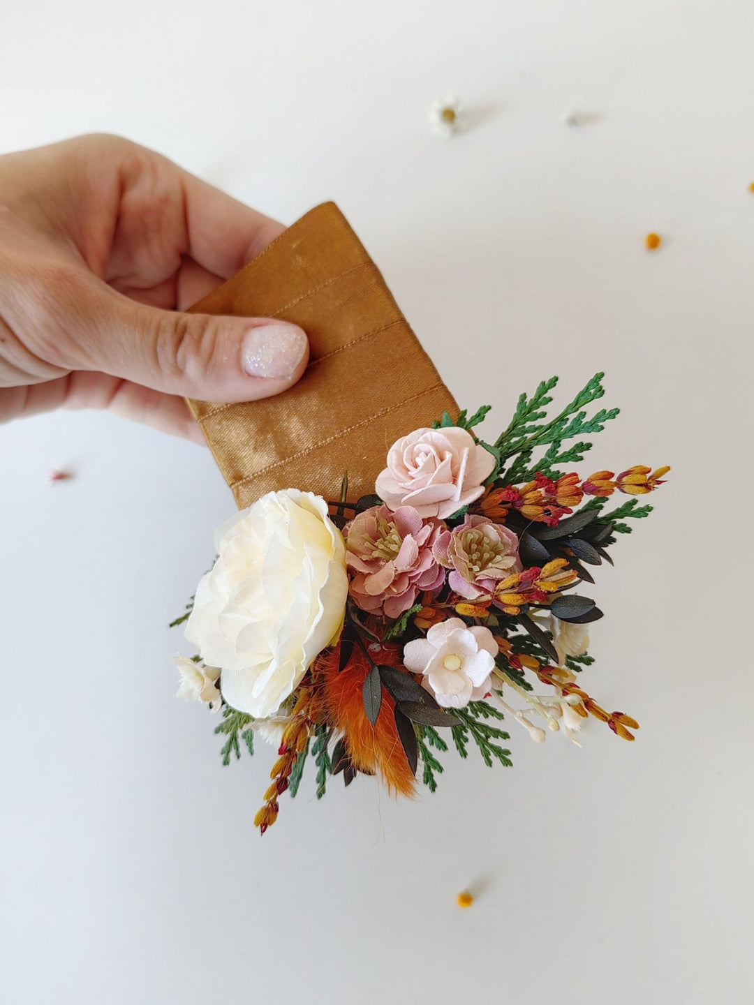 Terracotta Pocket Corsage: Autumn Wedding Groom Accessory – handmade floral hair accessory by magaela