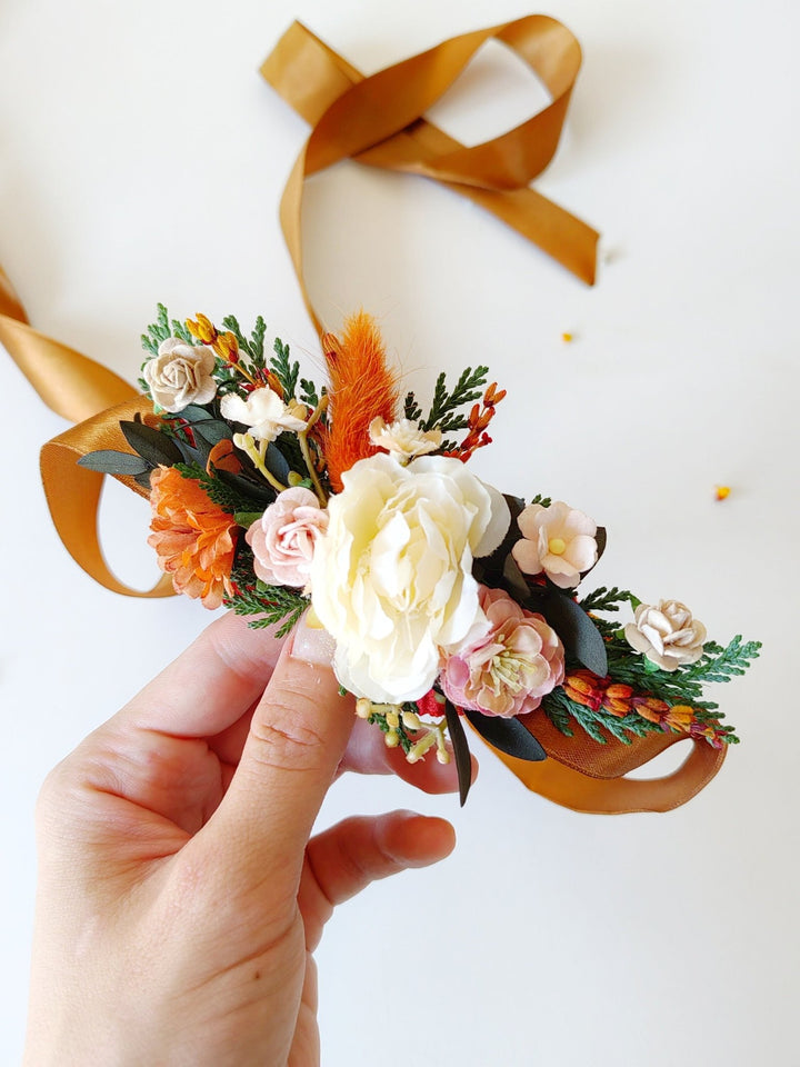 Terracotta Flower Bridal Belt: Autumn Wedding Dress Accessory – handmade floral hair accessory by magaela