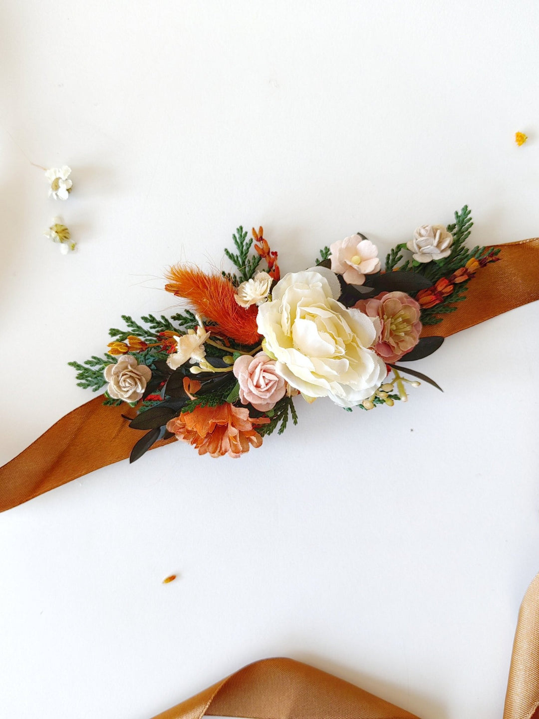 Terracotta Flower Bridal Belt: Autumn Wedding Dress Accessory – handmade floral hair accessory by magaela