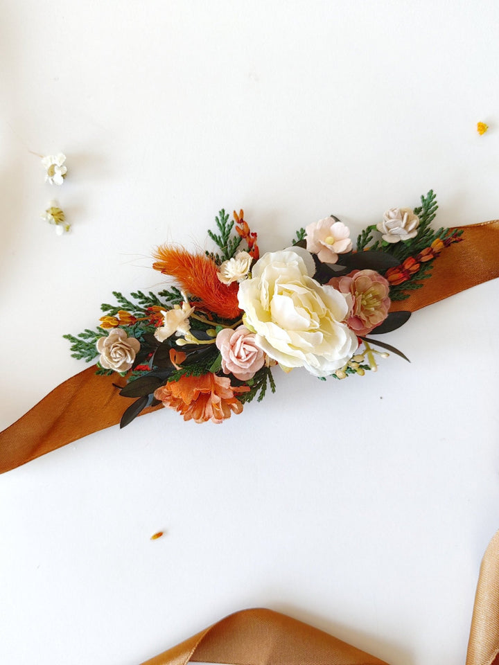 Terracotta Flower Bridal Belt: Autumn Wedding Dress Accessory – handmade floral hair accessory by magaela