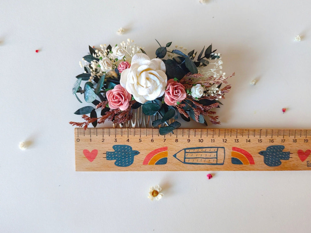 Dusty Pink Rose Bridal Hair Comb: Boho Wedding Headpiece – handmade floral hair accessory by magaela