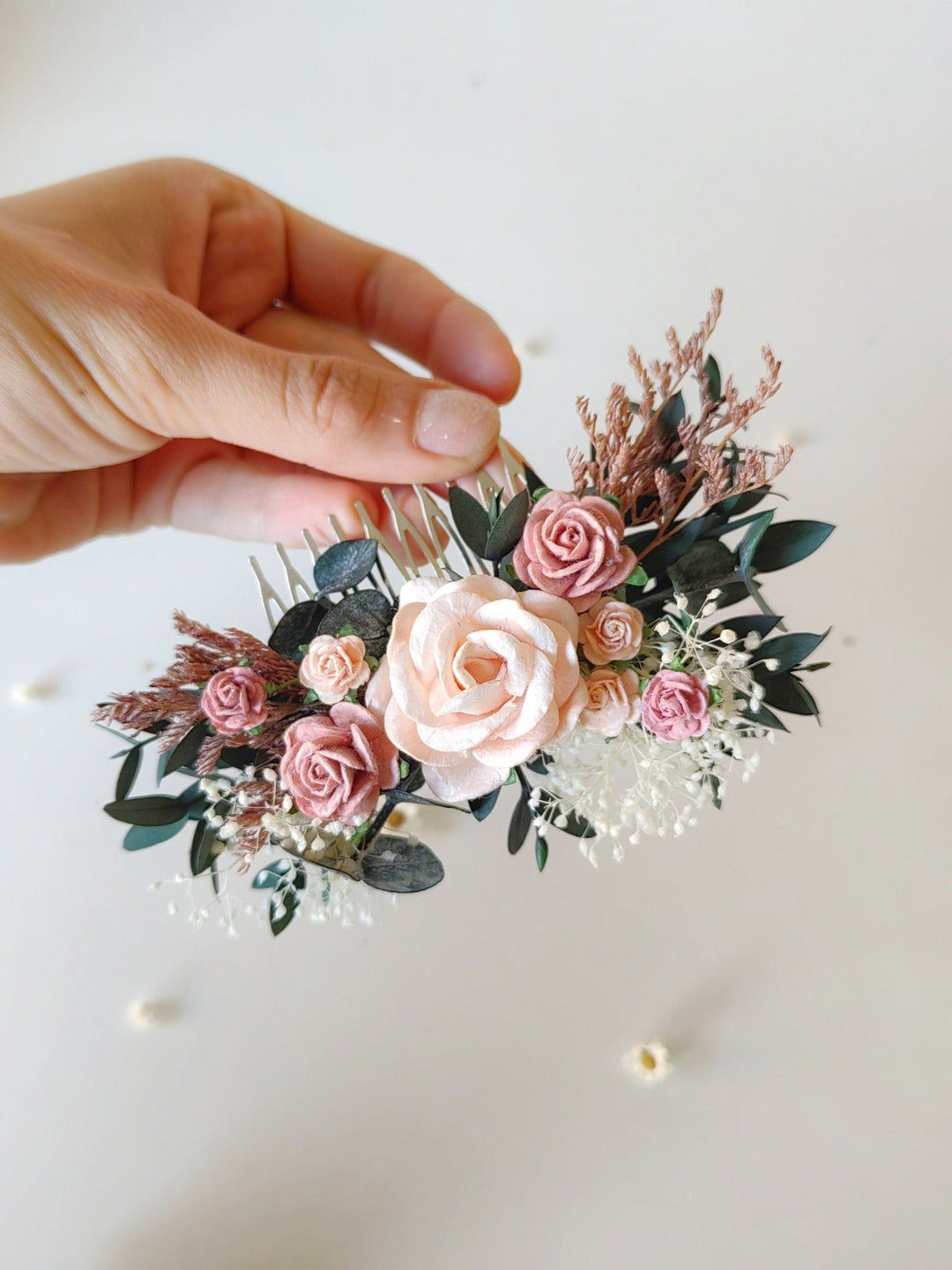 Dusty Pink Rose Hair Comb: Romantic Wedding Headpiece – handmade floral hair accessory by magaela