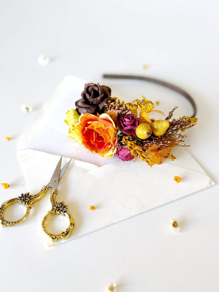 Autumn Flower Headband: Fall Wedding Hair Piece with Pears – handmade floral hair accessory by magaela