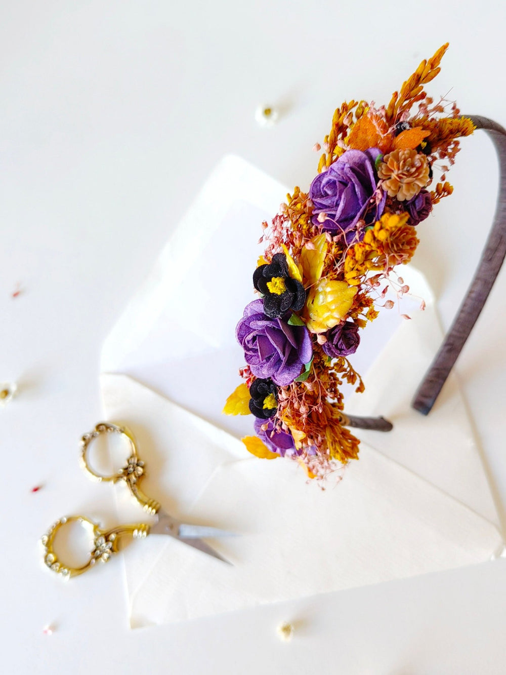 Autumn Flower Headband: Bridal Wedding Crown, Purple Roses – handmade floral hair accessory by magaela