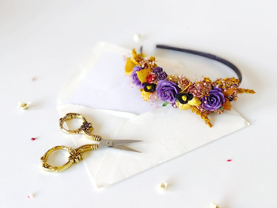 Autumn Flower Headband: Bridal Wedding Crown, Purple Roses – handmade floral hair accessory by magaela