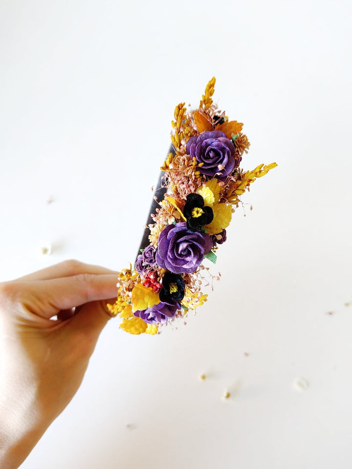 Autumn Flower Headband: Bridal Wedding Crown, Purple Roses – handmade floral hair accessory by magaela