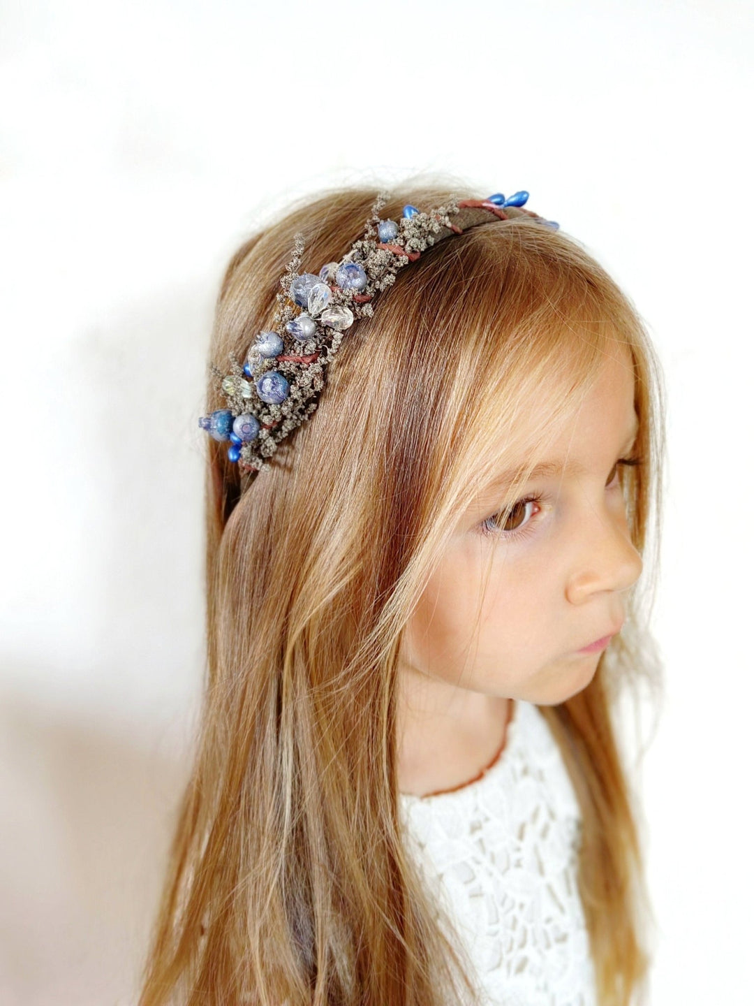 Winter Blueberry Headband, Bridal Headdress, Flower Girl Crown – handmade floral hair accessory by magaela