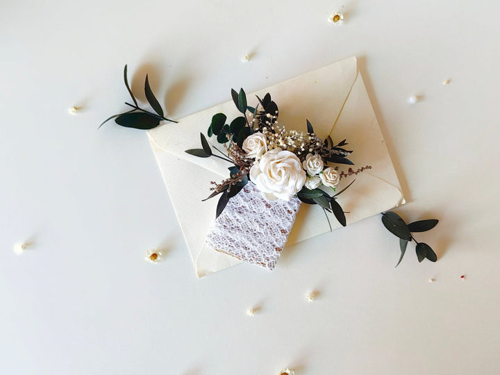 Green & White Pocket Boutonniere: Rustic Wedding Accessories – handmade floral hair accessory by magaela