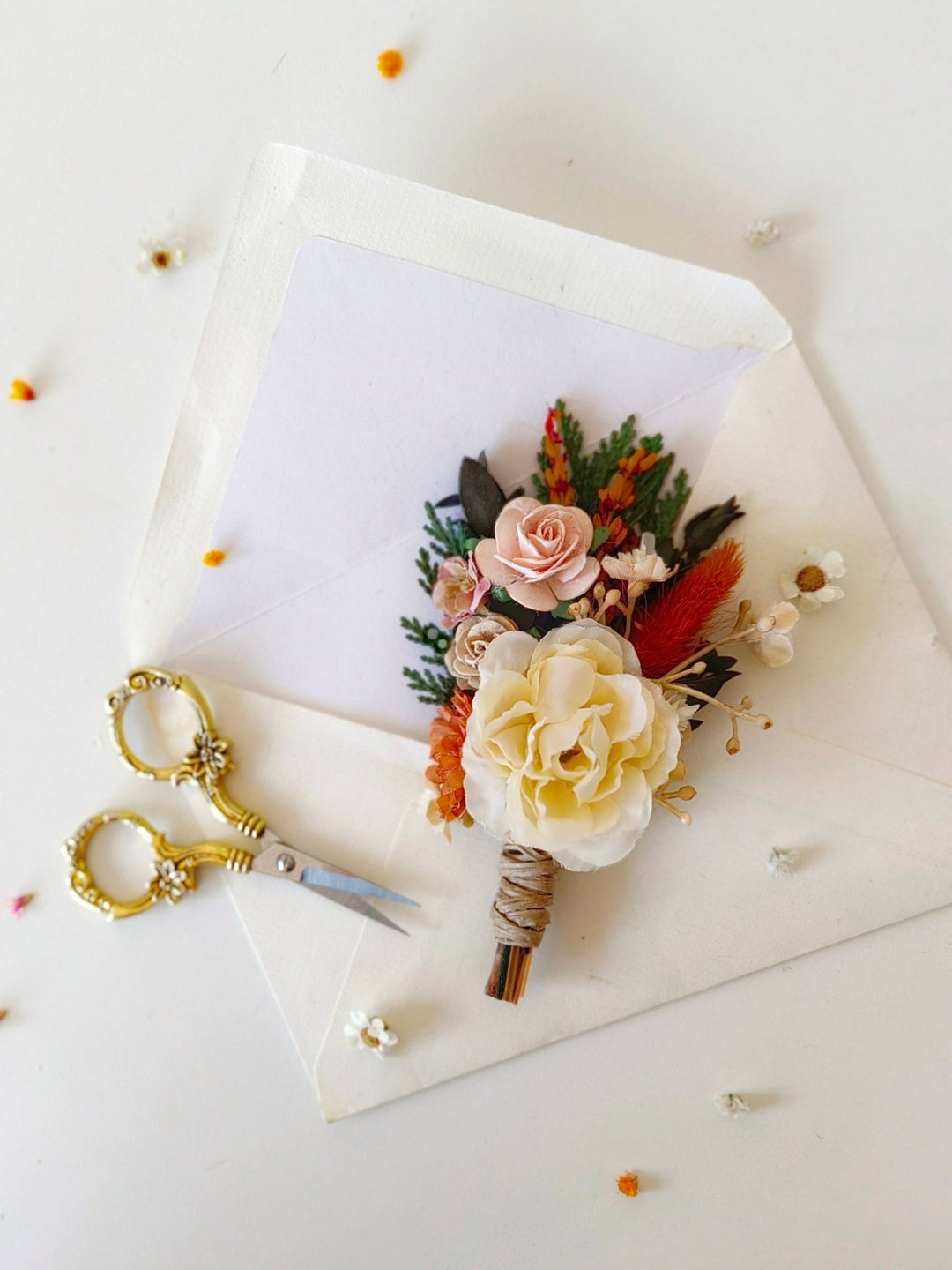 Autumn Wedding Boutonniere: Burnt Orange & Ivory, Terracotta Groomsmen Lapel – handmade floral hair accessory by magaela