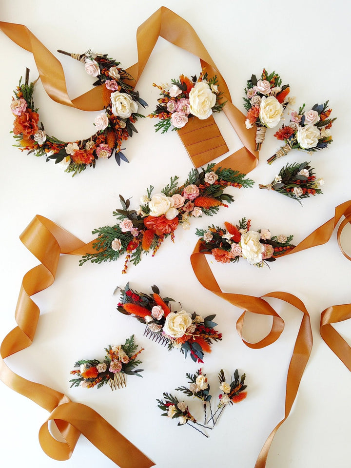 Autumn Wedding Boutonniere: Burnt Orange & Ivory, Terracotta Groomsmen Lapel – handmade floral hair accessory by magaela