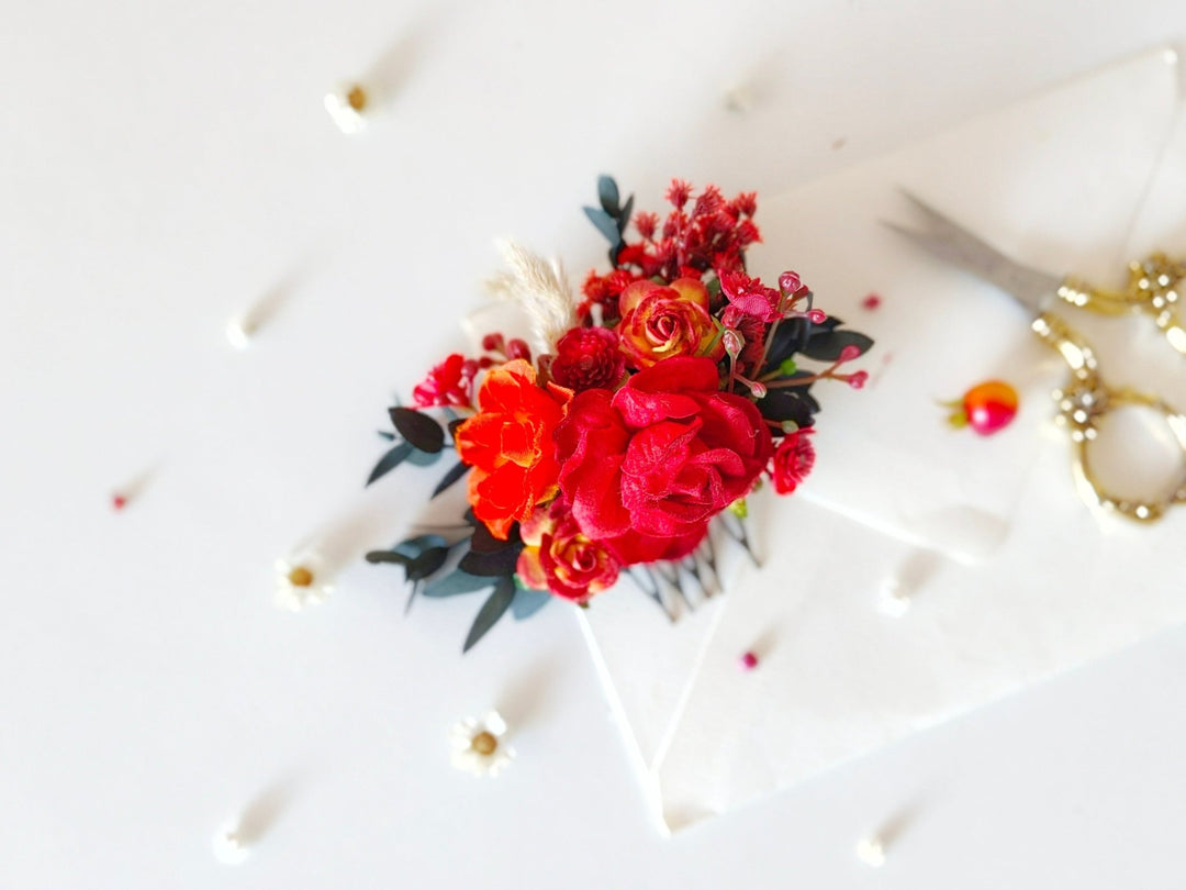Red Floral Hair Comb: Autumn Wedding Bridal Accessory – handmade floral hair accessory by magaela