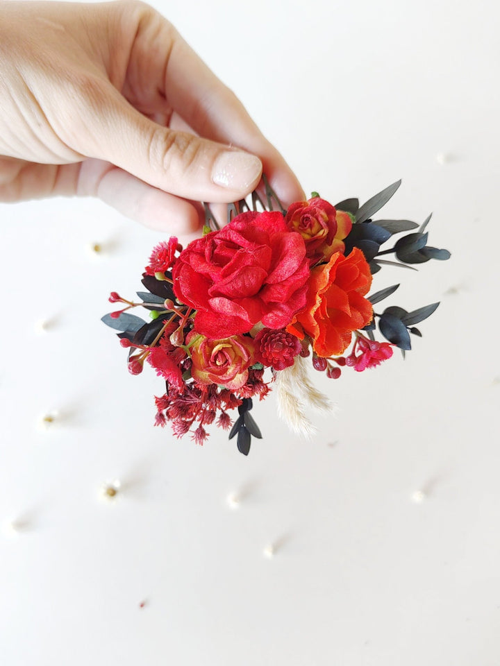 Red Floral Hair Comb: Autumn Wedding Bridal Accessory – handmade floral hair accessory by magaela