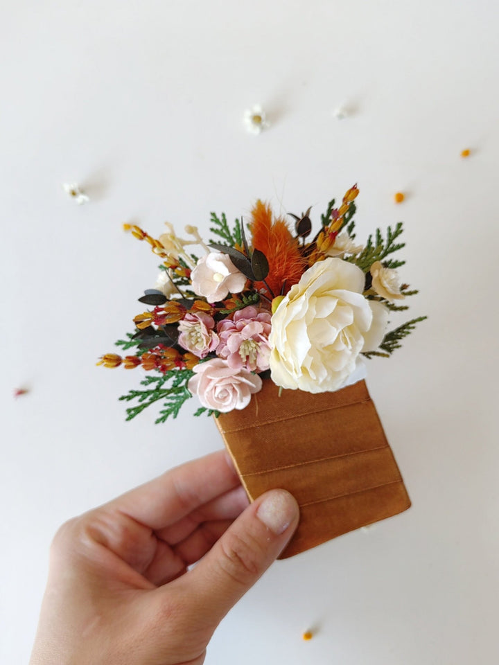 Terracotta Pocket Corsage: Autumn Wedding Groom Accessory – handmade floral hair accessory by magaela
