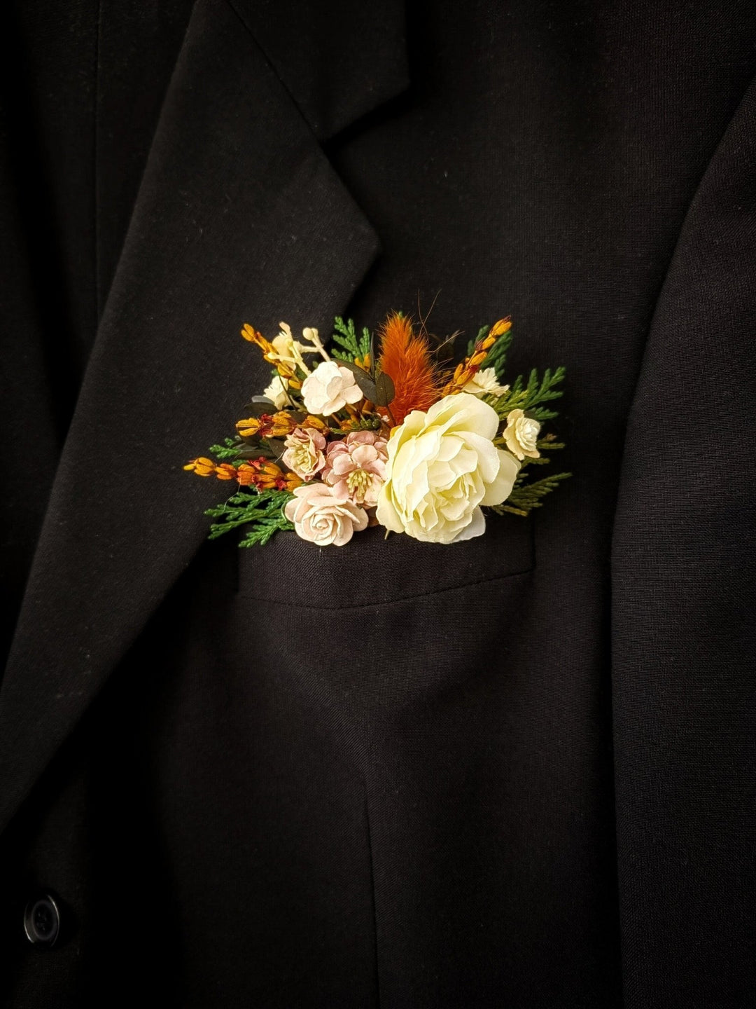 Terracotta Pocket Corsage: Autumn Wedding Groom Accessory – handmade floral hair accessory by magaela