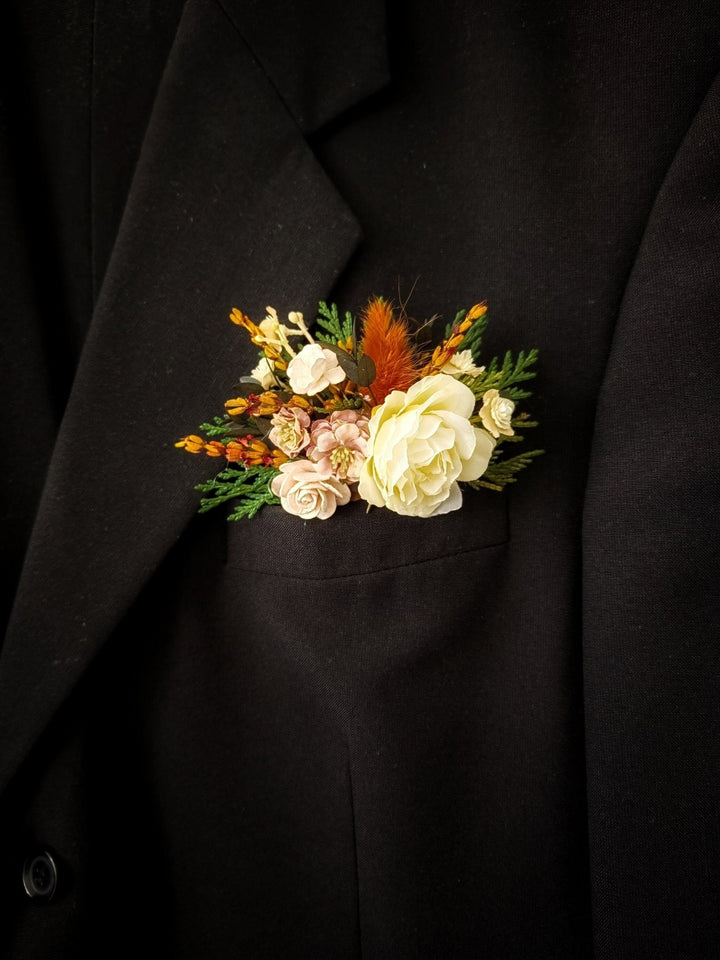 Terracotta Pocket Corsage: Autumn Wedding Groom Accessory – handmade floral hair accessory by magaela