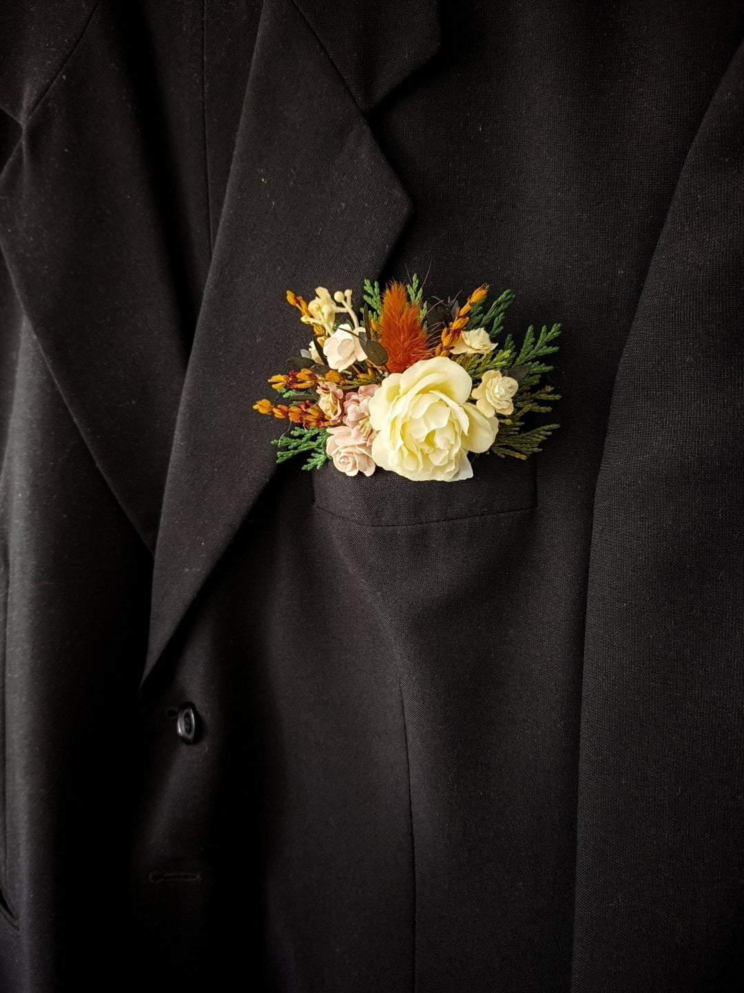 Terracotta Pocket Corsage: Autumn Wedding Groom Accessory – handmade floral hair accessory by magaela