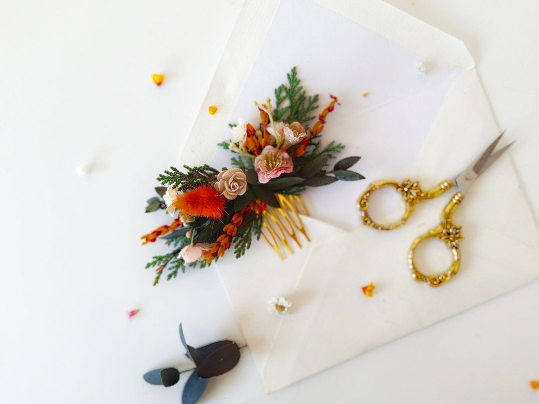 Terracotta Flower Hair Comb: Autumn Wedding Headpiece – handmade floral hair accessory by magaela