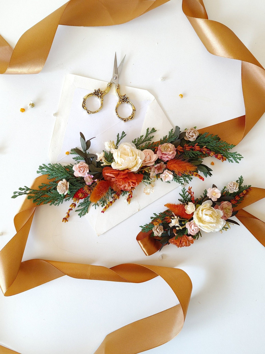 Terracotta Flower Bridal Belt: Orange Boho Wedding Dress Accessory – handmade floral hair accessory by magaela