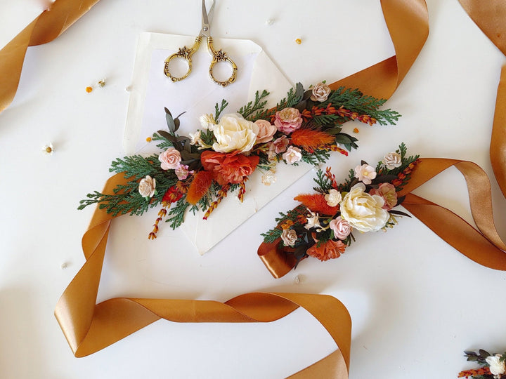 Terracotta Flower Bridal Belt: Autumn Wedding Dress Accessory – handmade floral hair accessory by magaela