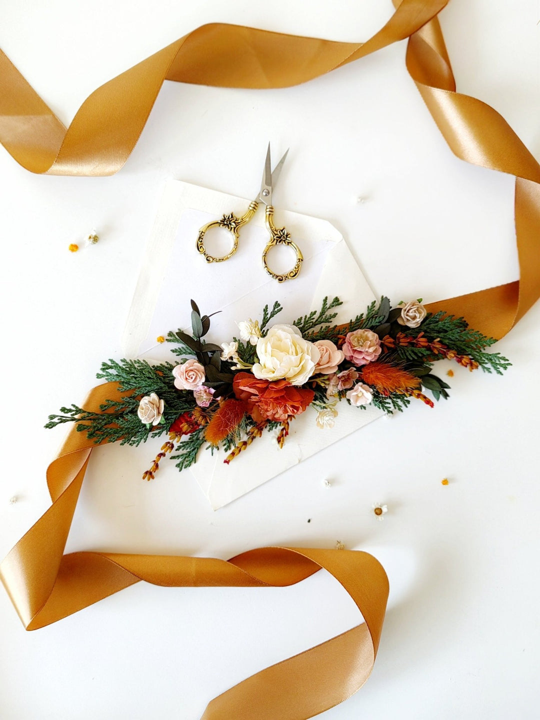 Terracotta Flower Bridal Belt: Orange Boho Wedding Dress Accessory – handmade floral hair accessory by magaela