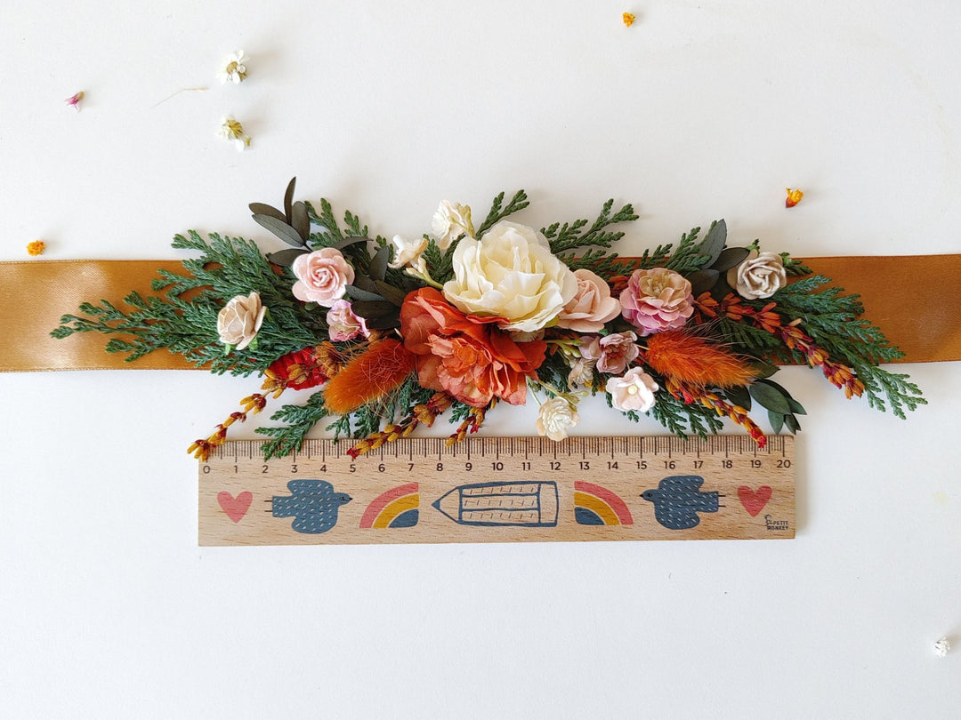 Terracotta Flower Bridal Belt: Autumn Wedding Dress Accessory – handmade floral hair accessory by magaela