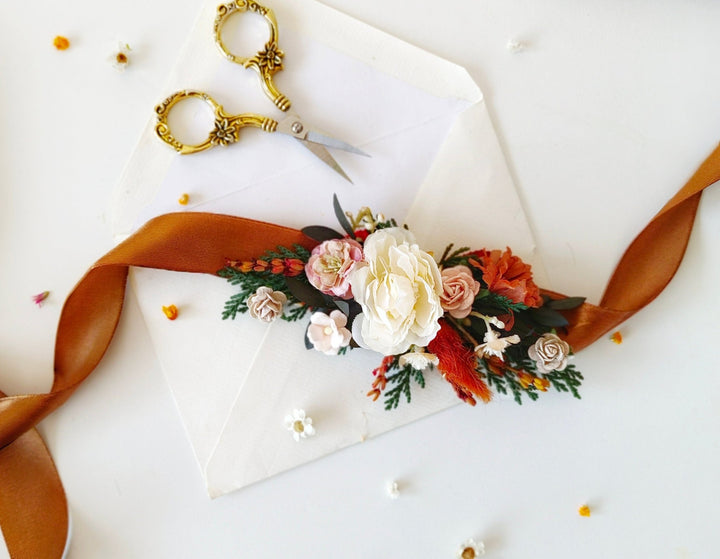 Terracotta Flower Bridal Belt: Orange Boho Wedding Dress Accessory – handmade floral hair accessory by magaela