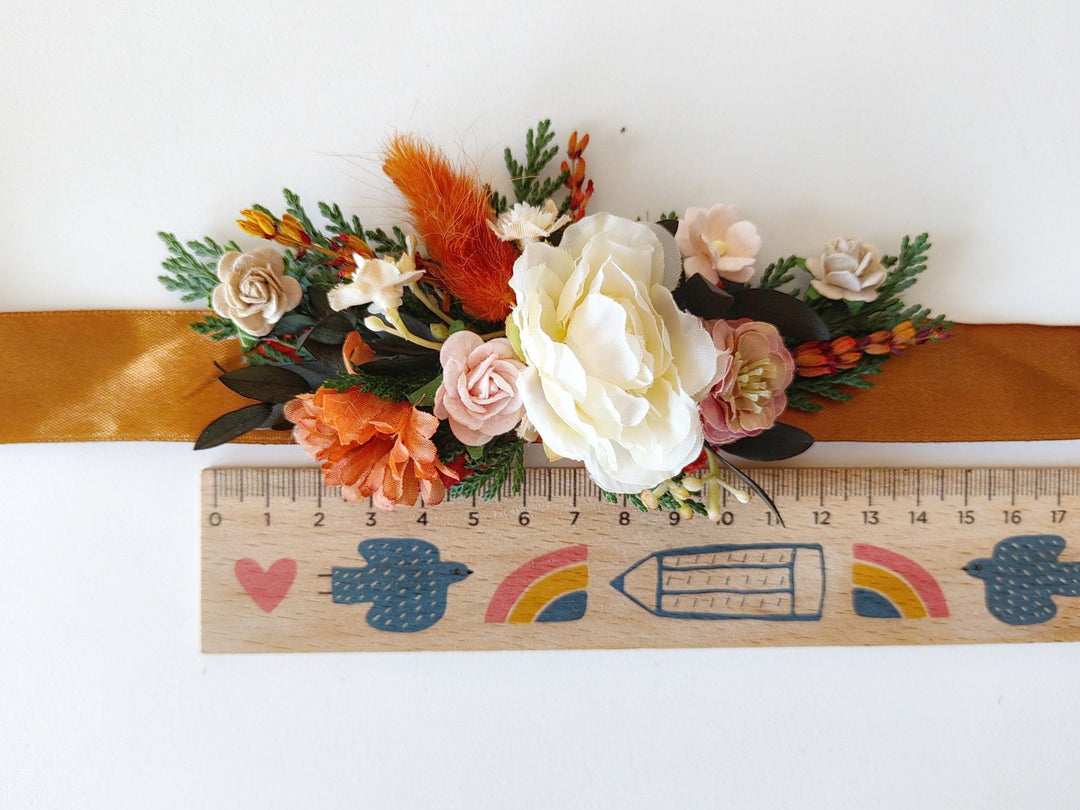 Terracotta Flower Bridal Belt: Orange Boho Wedding Dress Accessory – handmade floral hair accessory by magaela