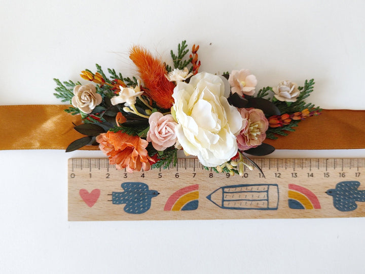 Terracotta Flower Bridal Belt: Orange Boho Wedding Dress Accessory – handmade floral hair accessory by magaela