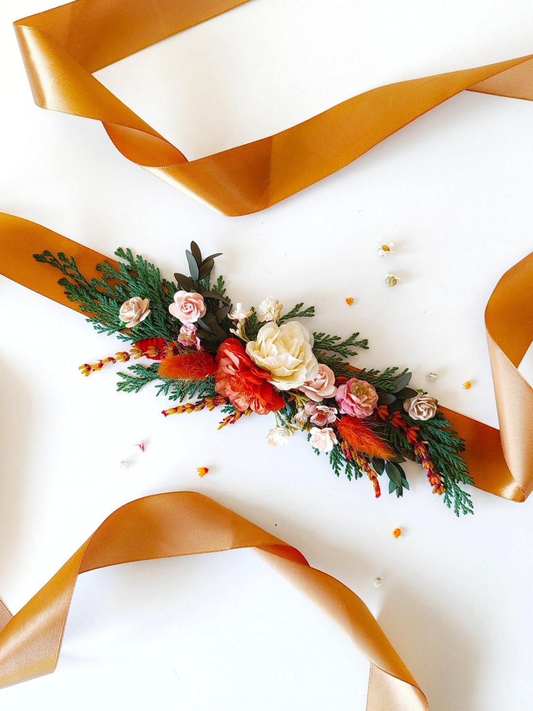 Terracotta Flower Bridal Belt: Autumn Wedding Dress Accessory – handmade floral hair accessory by magaela