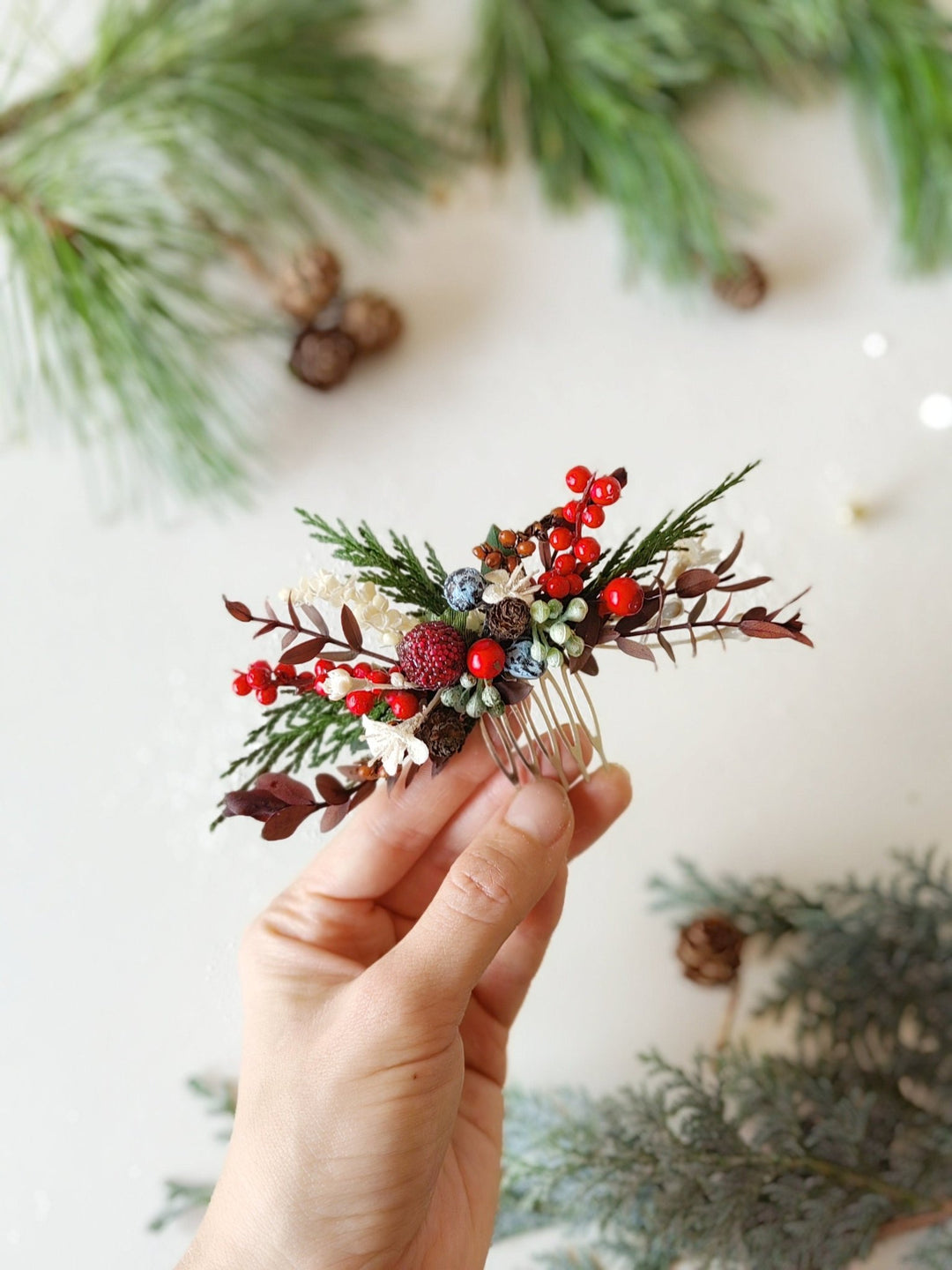 Christmas Berry Hair Comb: Winter Wedding Woodland Headpiece – handmade floral hair accessory by magaela