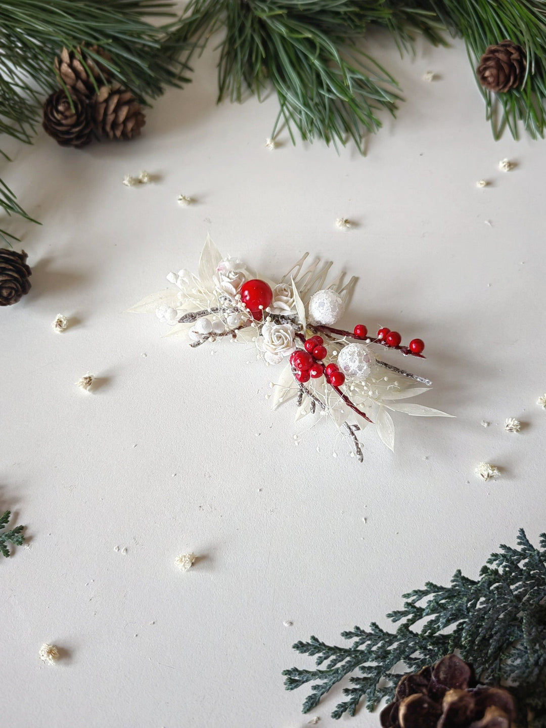 Red Berry Winter Bridal Hair Comb: White Rose Headpiece – handmade floral hair accessory by magaela
