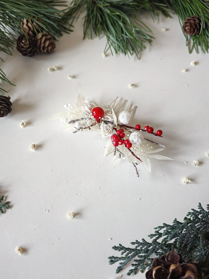 Red Berry Winter Bridal Hair Comb: White Rose Headpiece – handmade floral hair accessory by magaela