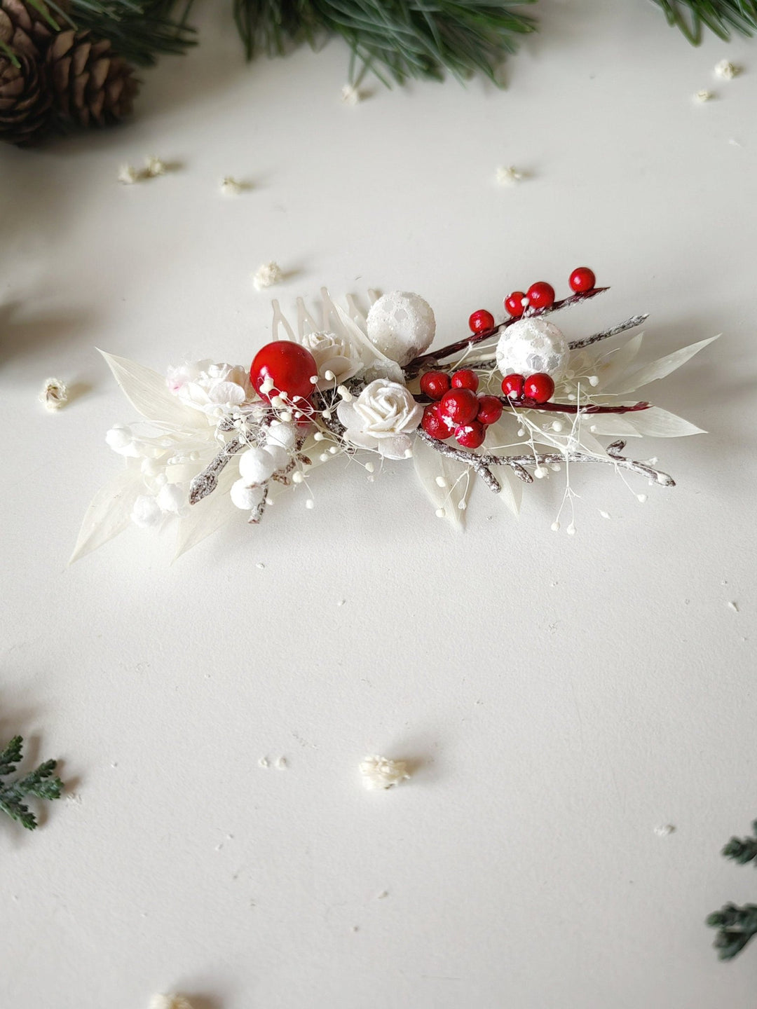 Red Berry Winter Bridal Hair Comb: White Rose Headpiece – handmade floral hair accessory by magaela