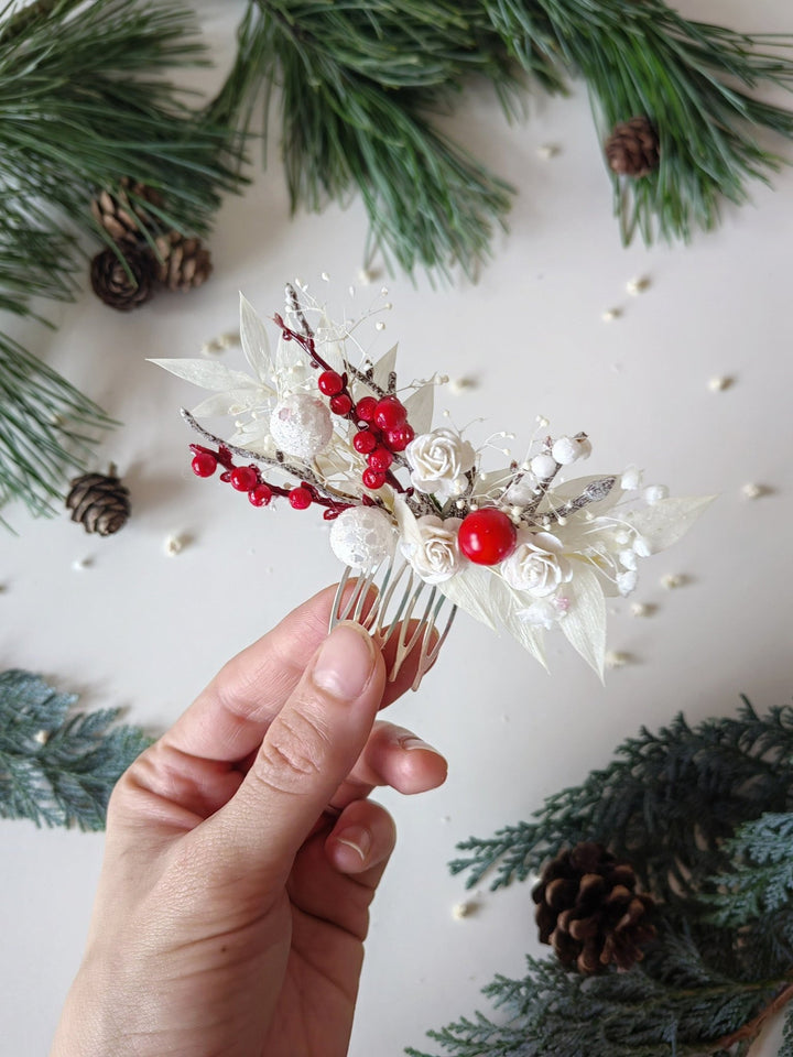 Red Berry Winter Bridal Hair Comb: White Rose Headpiece – handmade floral hair accessory by magaela