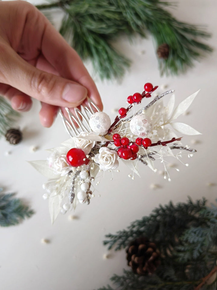 Red Berry Winter Bridal Hair Comb: White Rose Headpiece – handmade floral hair accessory by magaela