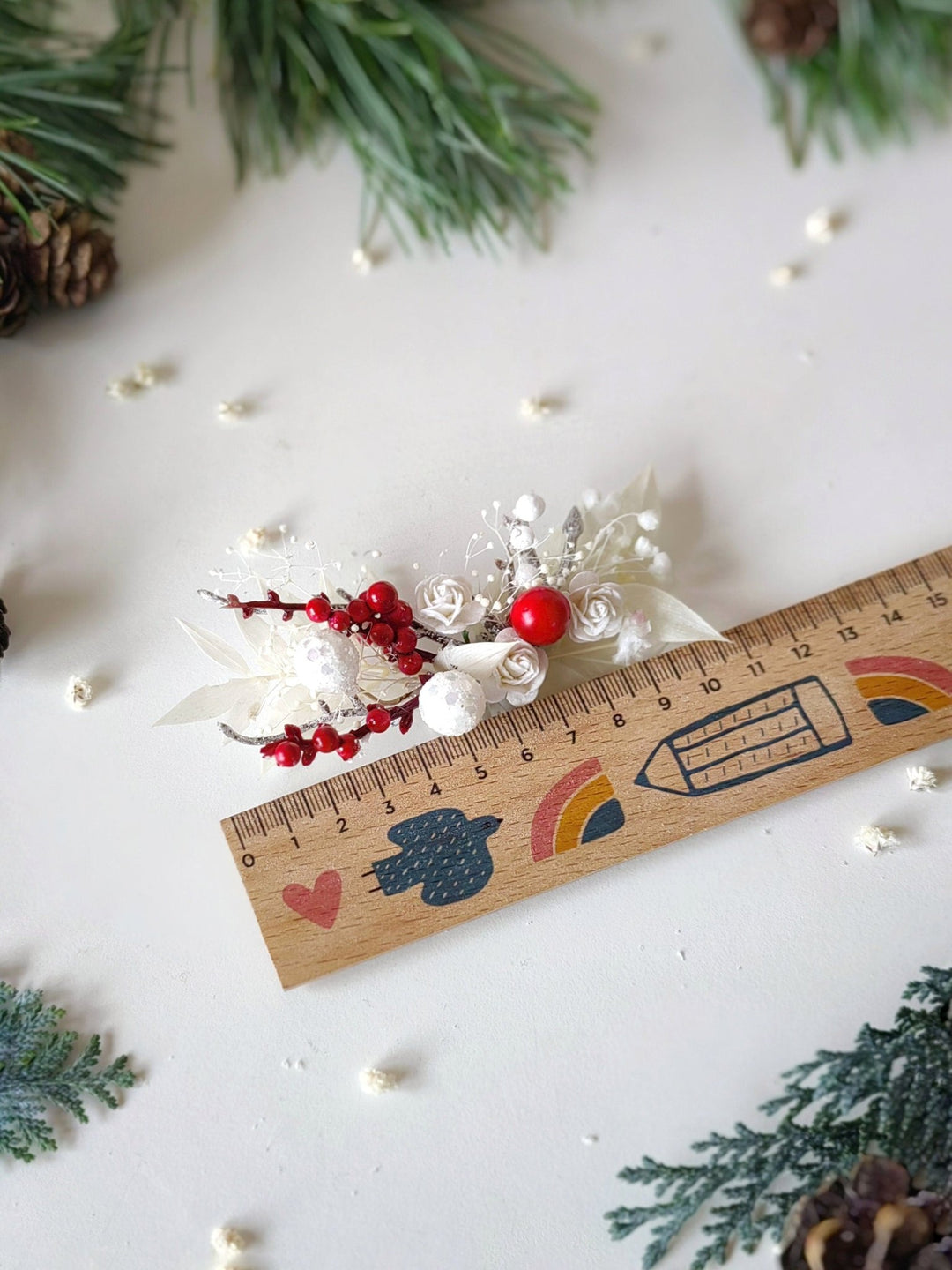 Red Berry Winter Bridal Hair Comb: White Rose Headpiece – handmade floral hair accessory by magaela