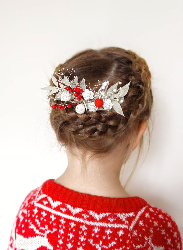 Red Berry Winter Bridal Hair Comb: White Rose Headpiece – handmade floral hair accessory by magaela