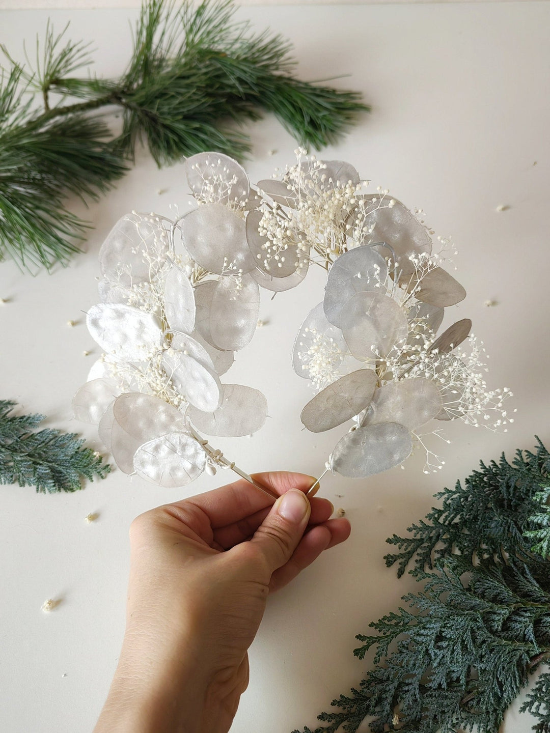 Vintage Lunaria Bridal Crown: Winter Wedding Headpiece – handmade floral hair accessory by magaela