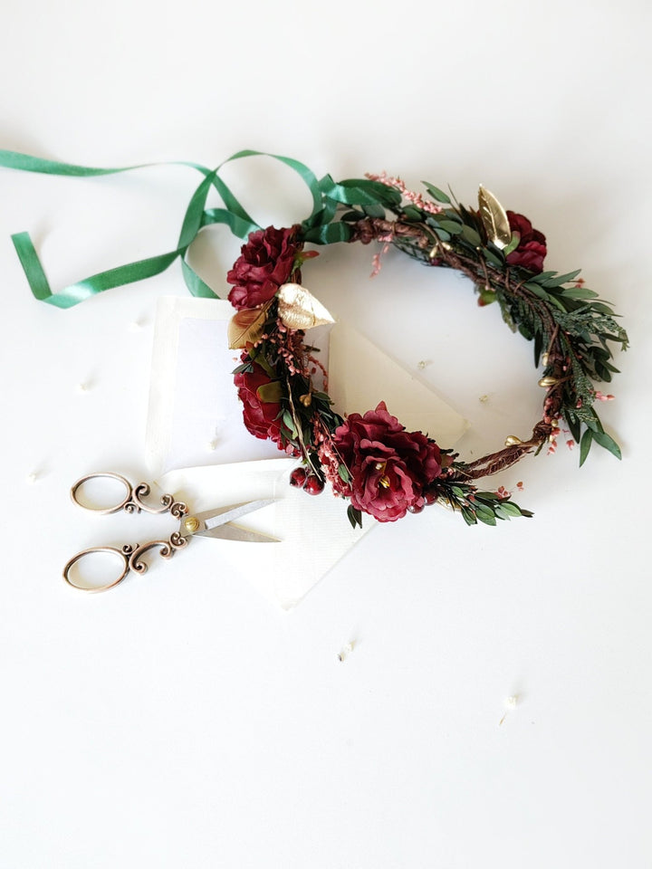 Autumn Flower Hair Wreath: Burgundy Boho Wedding Headpiece – handmade floral hair accessory by magaela